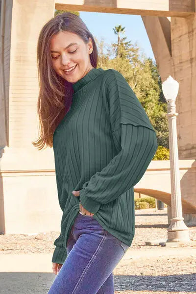 Basic Bae Full Size Ribbed Exposed Seam Mock Neck Knit Top - Trendsi - Flyclothing LLC