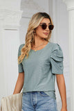 Eyelet Puff Sleeve Round Neck Blouse - Trendsi - Flyclothing LLC
