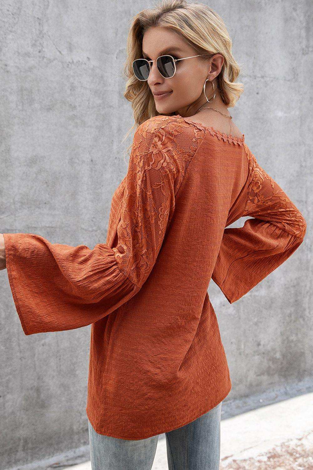 V-Neck Spliced Lace Flare Sleeve Top - Trendsi - Flyclothing LLC