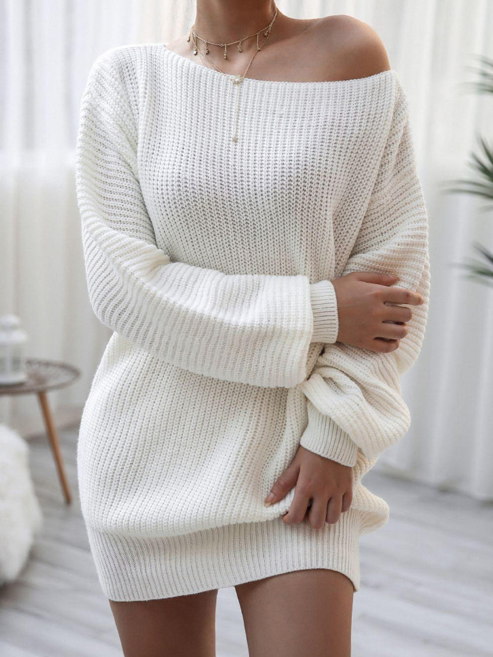Rib-Knit Balloon Sleeve Boat Neck Sweater Dress - Trendsi