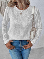 Eyelet Round Neck Long Sleeve Top - Trendsi