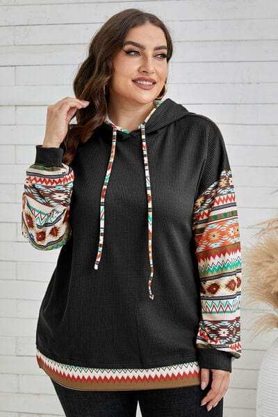 Plus Size Waffle-Knit Geometric Dropped Shoulder Hoodie - Trendsi - Flyclothing LLC