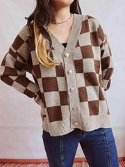 Checkered Open Front Button Up Cardigan - Trendsi