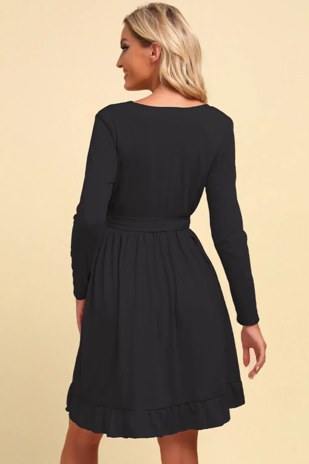 Long Sleeve Tie Waist Ruffle Hem Dress - Trendsi - Flyclothing LLC