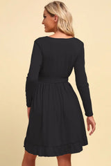 Long Sleeve Tie Waist Ruffle Hem Dress - Trendsi - Flyclothing LLC