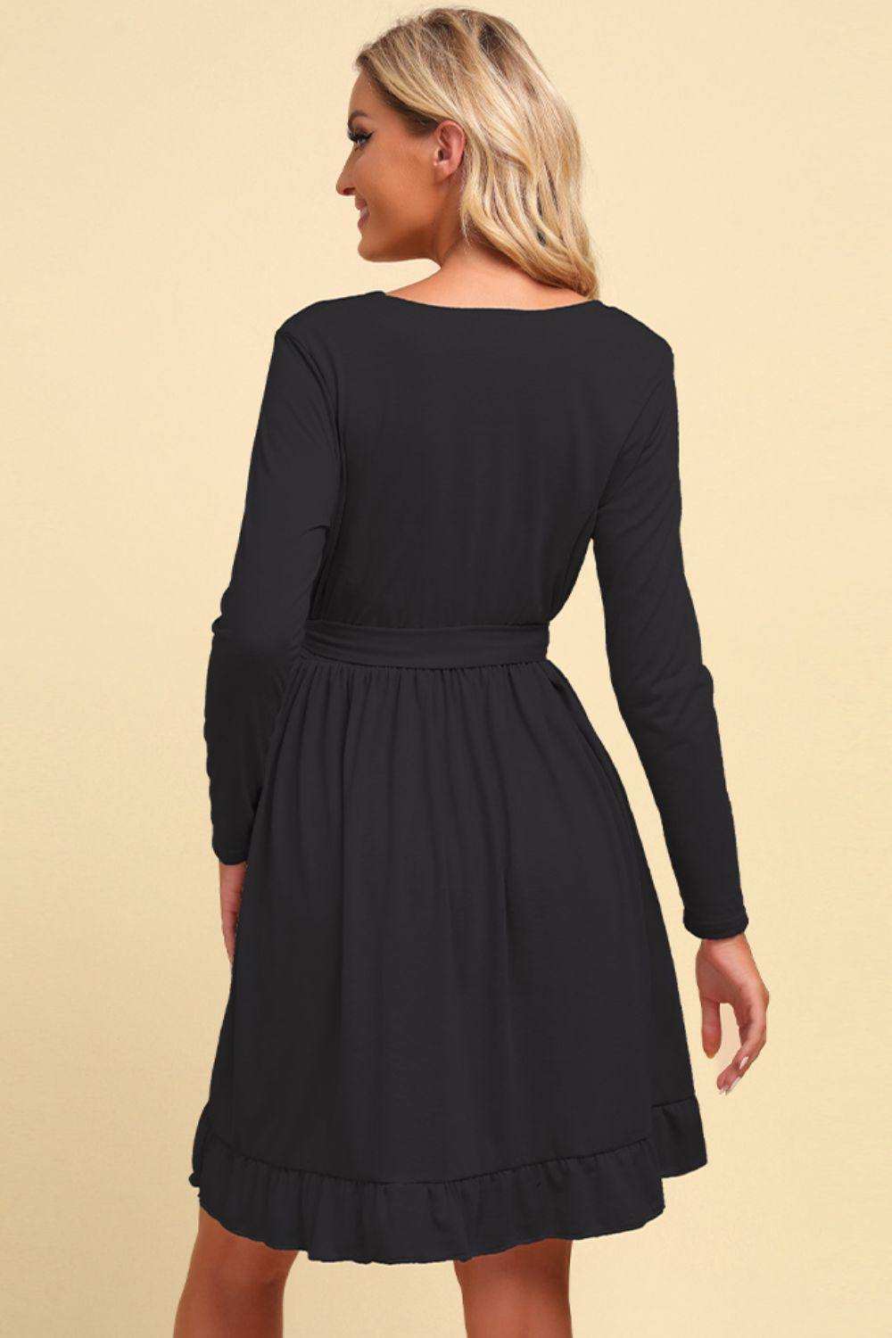 Long Sleeve Tie Waist Ruffle Hem Dress - Trendsi - Flyclothing LLC