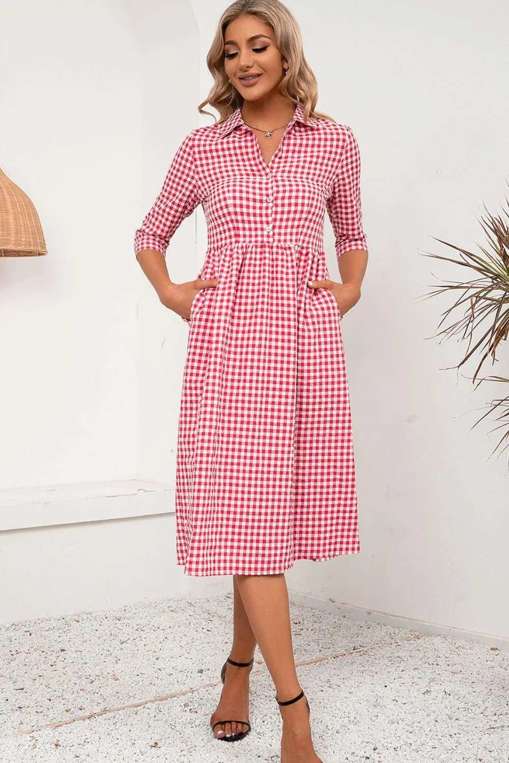 Plaid Collared Neck Midi Dress - Trendsi - Flyclothing LLC