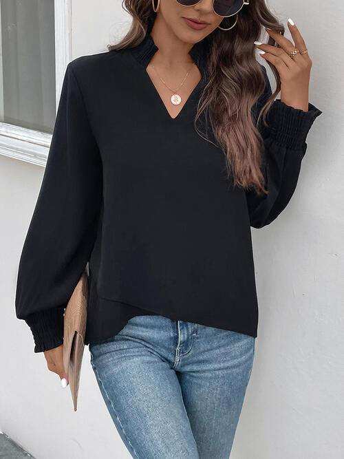 Smocked Notched Long Sleeve Blouse - Trendsi - Flyclothing LLC