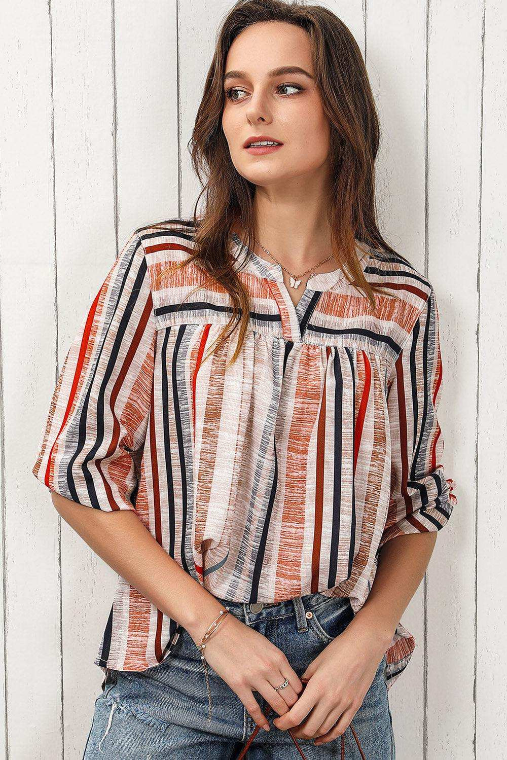 Multicolored Stripe Notched Neck Top - Trendsi - Flyclothing LLC