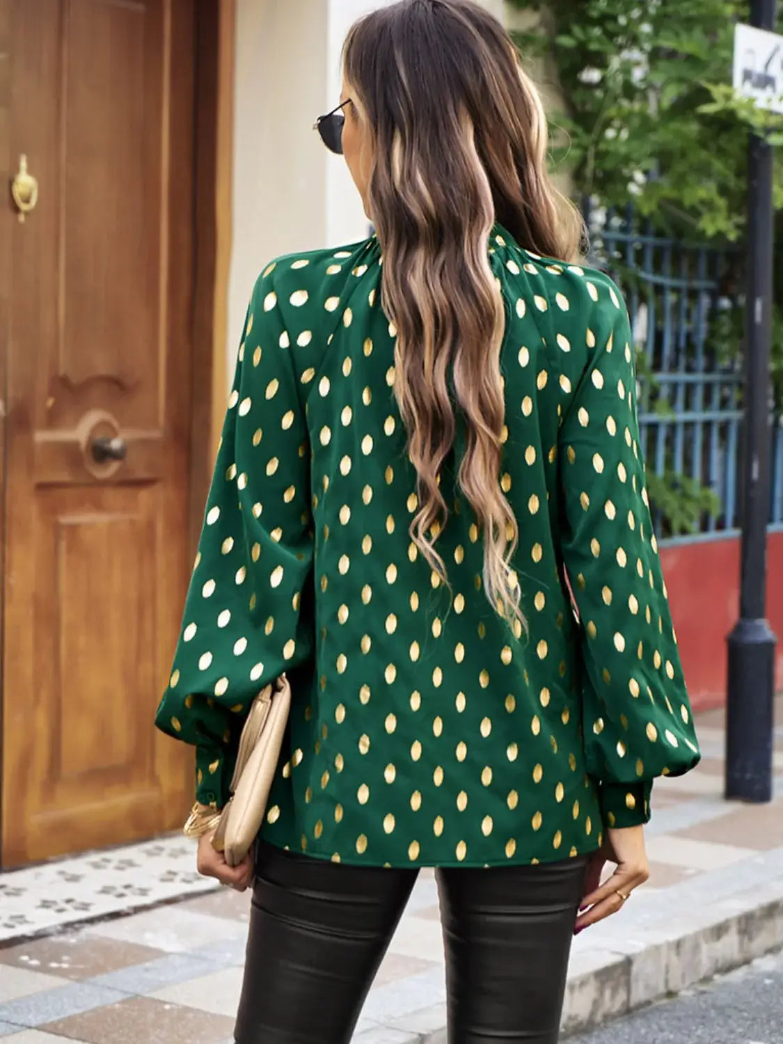 Mock Neck Cutout Lantern Sleeve Blouse - Trendsi - Flyclothing LLC