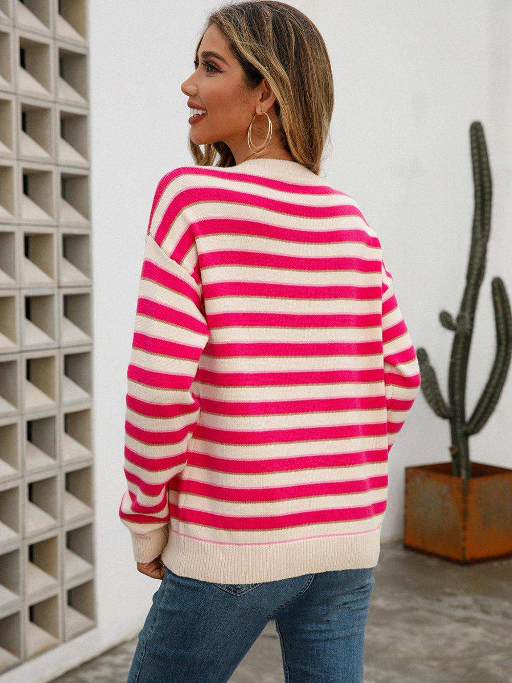 Striped Drop Shoulder Knit Top - Trendsi - Flyclothing LLC