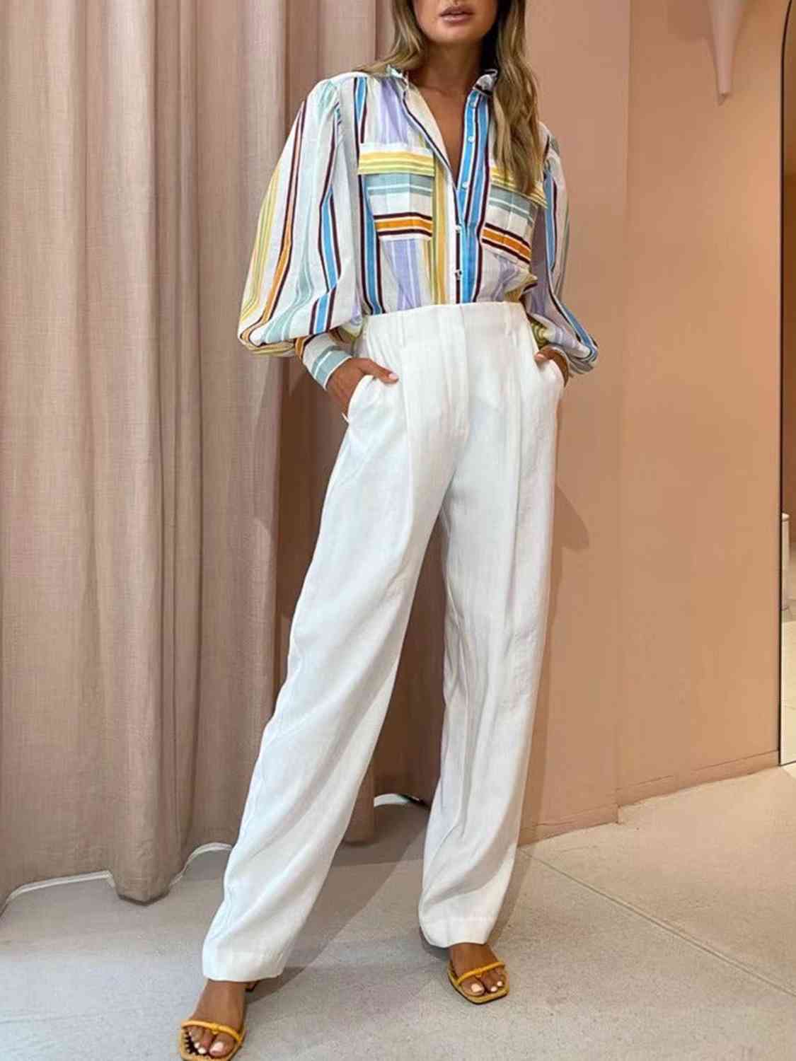 Striped Button Down Lantern Sleeve Shirt - Trendsi - Flyclothing LLC