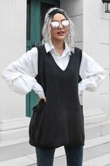 V-Neck Sleeveless Sweater Vest with Pocket - Trendsi - Flyclothing LLC