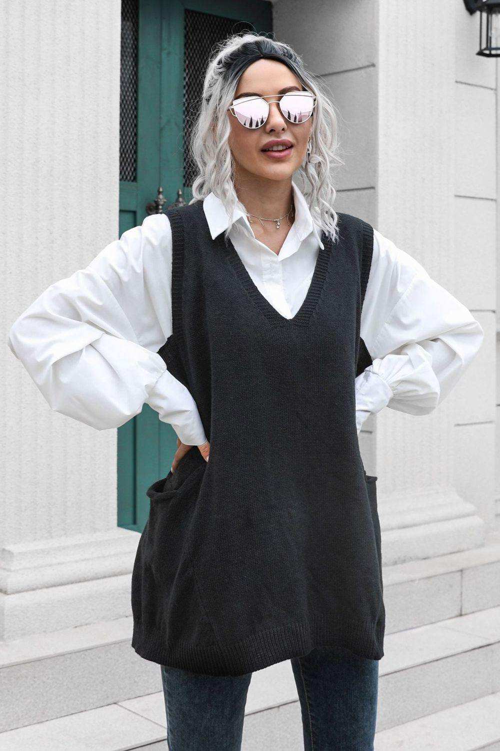 V-Neck Sleeveless Sweater Vest with Pocket - Trendsi - Flyclothing LLC