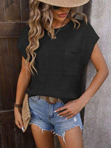 Pocketed Round Neck Cap Sleeve Sweater - Trendsi - Flyclothing LLC