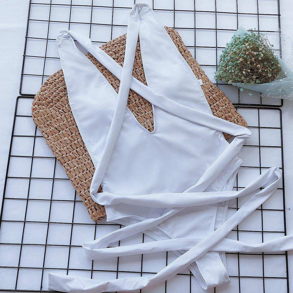 Halter Neck Deep V Tied One-Piece Swimsuit - Trendsi - Flyclothing LLC