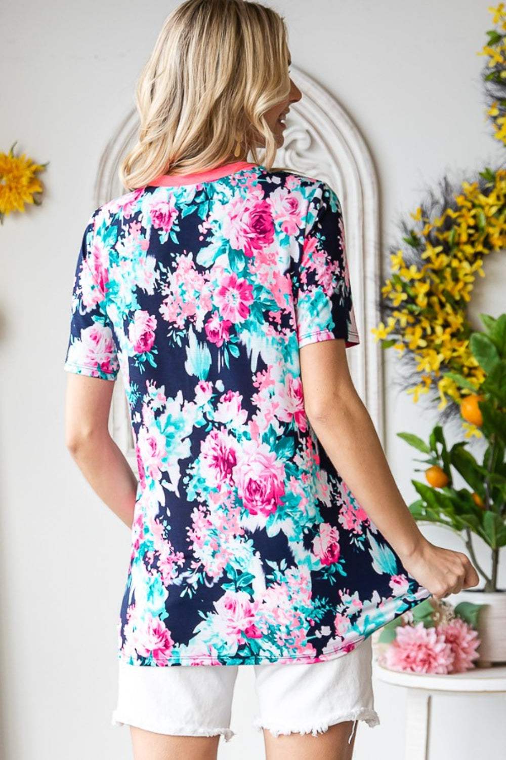 Heimish Full Size Floral V-Neck Short Sleeve T-Shirt - Trendsi - Flyclothing LLC