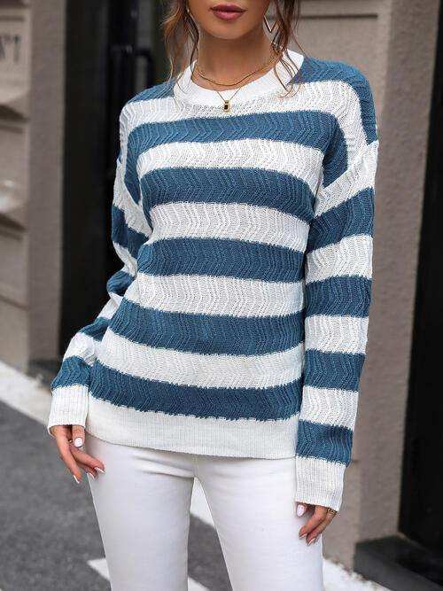 Striped Round Neck Dropped Shoulder Sweater - Trendsi - Flyclothing LLC