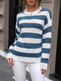 Striped Round Neck Dropped Shoulder Sweater - Trendsi