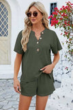 Notched Button Detail Dropped Shoulder Top and Shorts Set - Trendsi - Flyclothing LLC