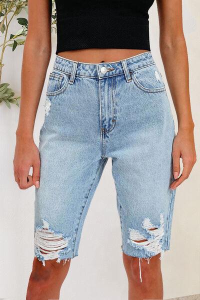 Distressed Pocketed Denim Shorts - Trendsi