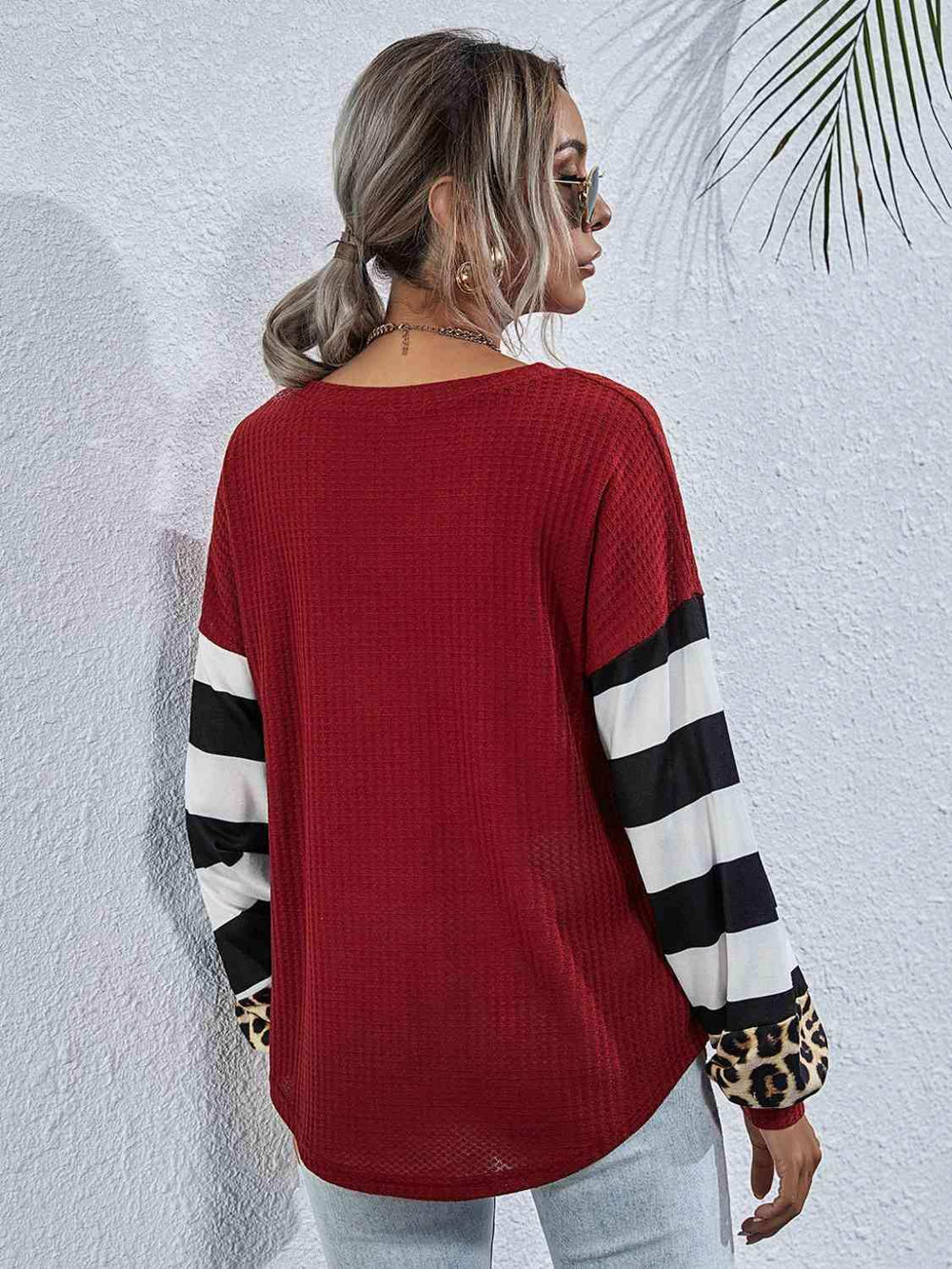 Leopard Striped Waffle-Knit Top - Trendsi - Flyclothing LLC