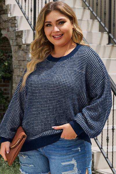 Plus Size Waffle-Knit Round Neck Dropped Shoulder Sweater - Trendsi - Flyclothing LLC