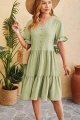 Swiss Dot Ruffled V-Neck Tiered Dress - Trendsi - Flyclothing LLC