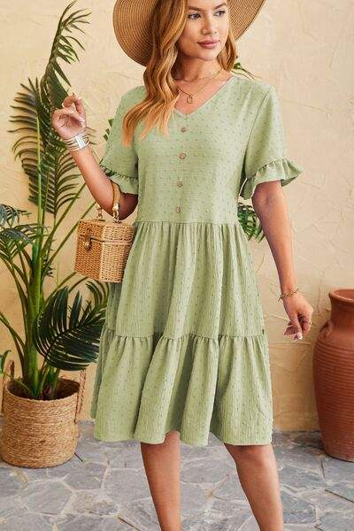 Swiss Dot Ruffled V-Neck Tiered Dress - Trendsi - Flyclothing LLC