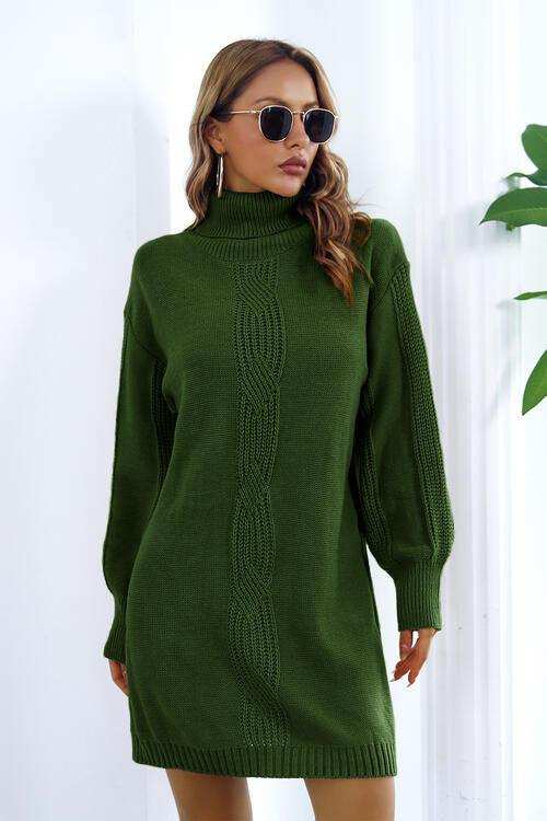 Openwork Turtleneck Long Sleeve Sweater Dress - Trendsi - Flyclothing LLC