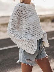 Openwork Round Neck Dropped Shoulder Knit Top - Trendsi