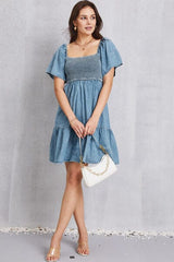 Smocked Square Neck Mini Denim Dress - Flyclothing LLC