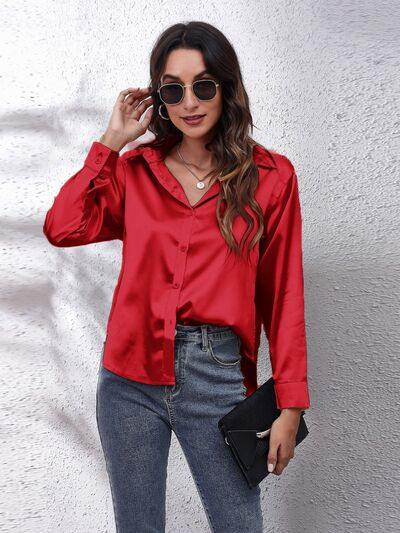 Button Up Collared Neck Long Sleeve Shirt - Trendsi