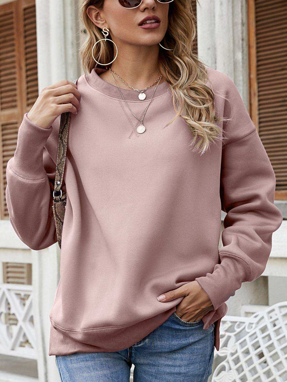 Dropped Shoulder Slit Sweatshirt - Trendsi - Flyclothing LLC