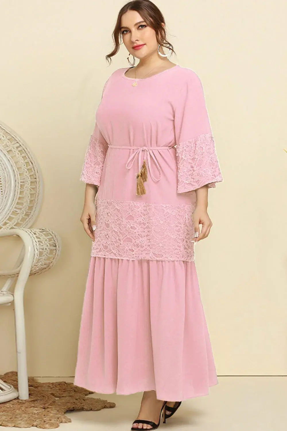 Plus Size Spliced Lace Tassel Belted Dress - Trendsi - Flyclothing LLC