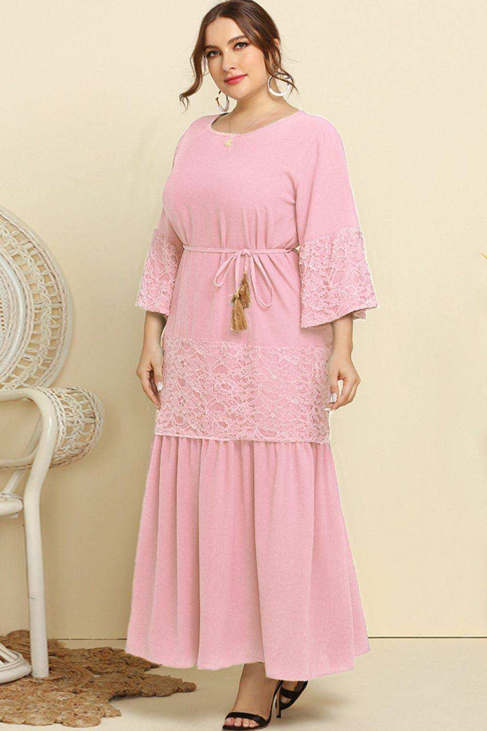 Plus Size Spliced Lace Tassel Belted Dress - Trendsi - Flyclothing LLC