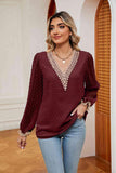 Swiss Dot Contrast V-Neck Blouse - Trendsi