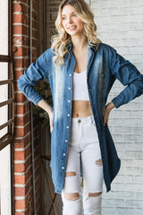 Veveret Pocketed Button Up Washed Denim Shirt - Trendsi - Flyclothing LLC