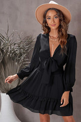 Tied Plunge Smocked Waist Flounce Sleeve Dress - Flyclothing LLC