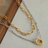 Beaded Double-Layered Titanium Steel Necklace - Trendsi - Flyclothing LLC