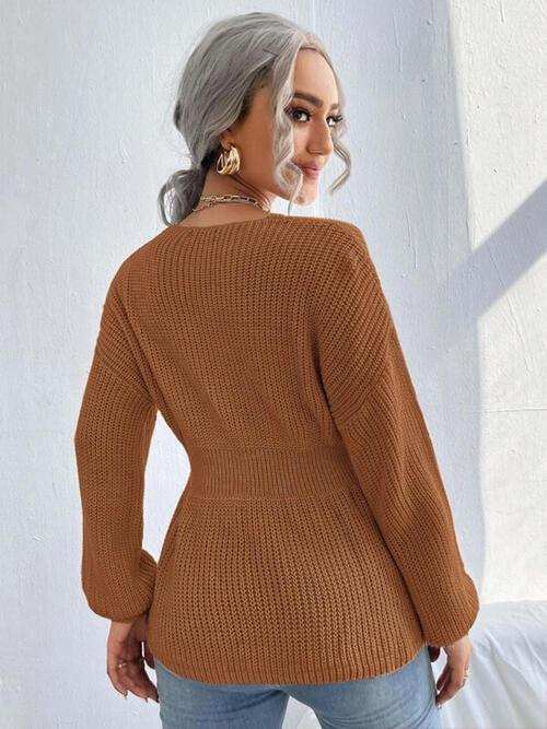 Notched Dropped Shoulder Knit Top - Trendsi - Flyclothing LLC