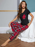Heart Graphic V-Neck Top and Plaid Pants Lounge Set - Trendsi - Flyclothing LLC