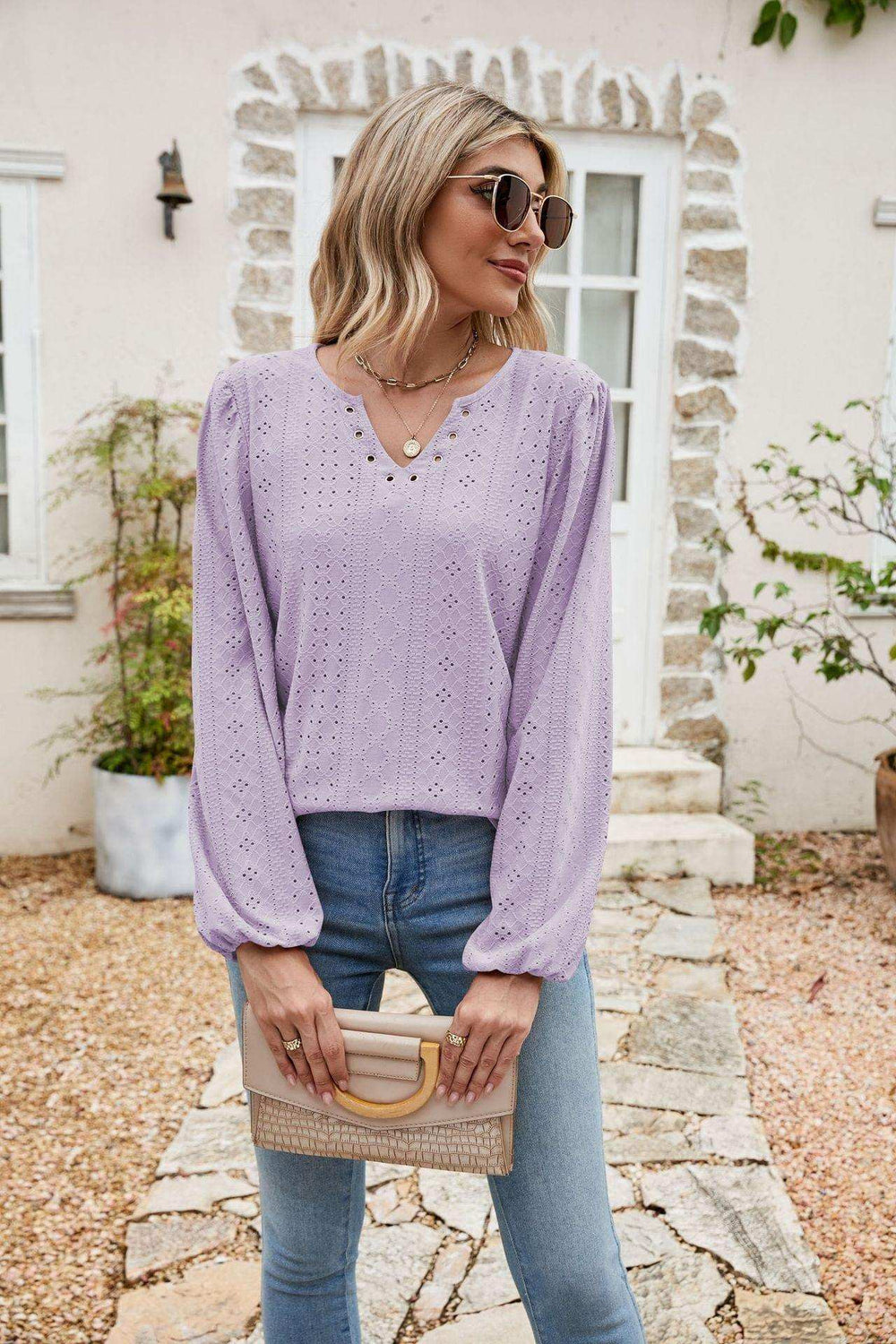 Eyelet Notched Neck Balloon Sleeve Blouse - Trendsi - Flyclothing LLC