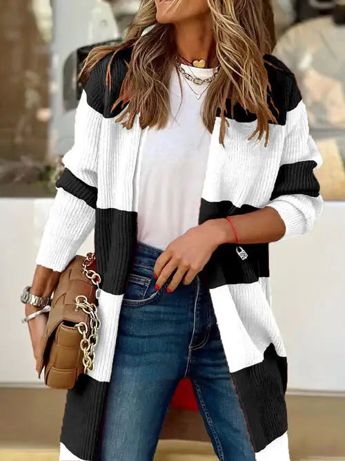 Contrast Open Front Long Sleeve Cardigan - Trendsi - Flyclothing LLC