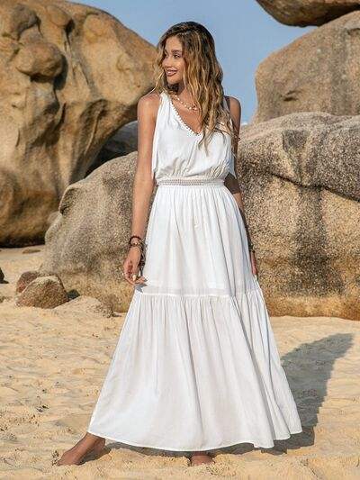 V-Neck Tie Shoulder Crochet Maxi Dress - Trendsi - Flyclothing LLC