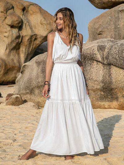 V-Neck Tie Shoulder Crochet Maxi Dress - Flyclothing LLC