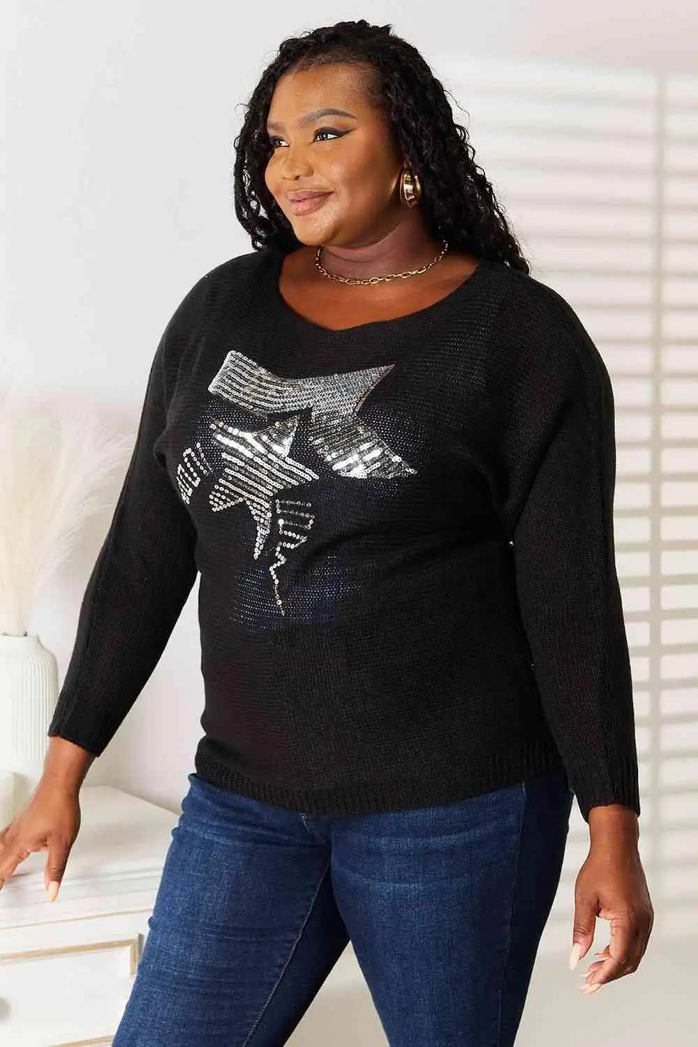 Double Take Sequin Graphic Dolman Sleeve Knit Top - Trendsi - Flyclothing LLC