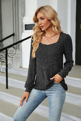 Ribbed Square Neck Long Sleeve T-Shirt - Trendsi