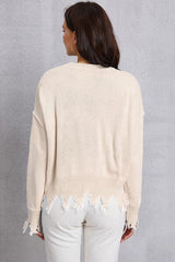 Lip Fringe Round Neck Sweater - Trendsi