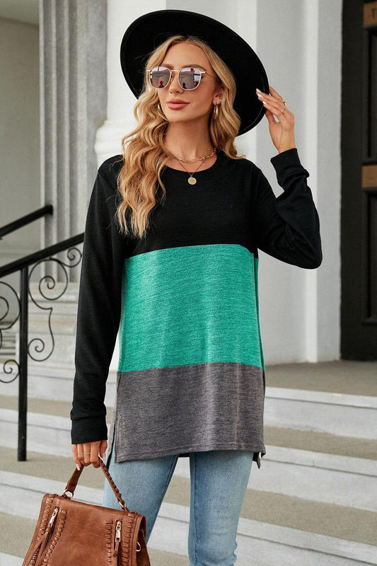Color Block Round Neck Long Sleeve Slit T-Shirt - Trendsi